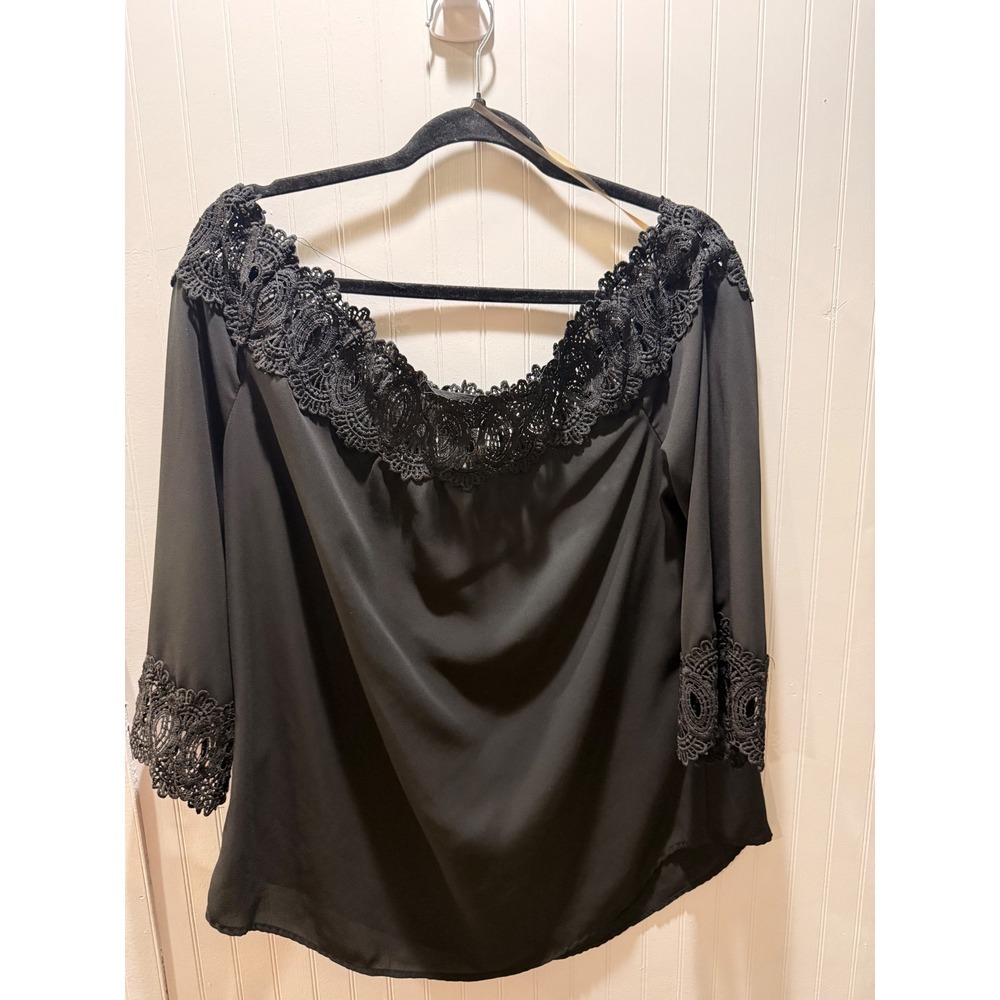 Tacera Black Off The Shoulder Lace Trim Blouse 3/4 Sleeve Crochet Top Large